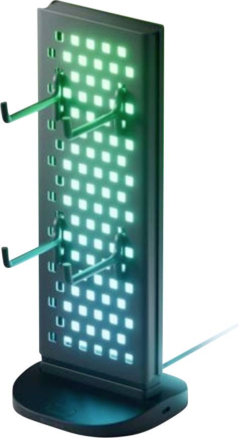 Osvětlený svislý zobrazovací panel se mřížkou svítících tyrkysových čtverců na černé bázi, zobrazený v 3D perspektivě.