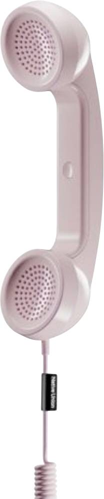 Růžová sluchátka telefonního handetu v retro stylu se šňůrou, zobrazená svisle na bílém pozadí.
