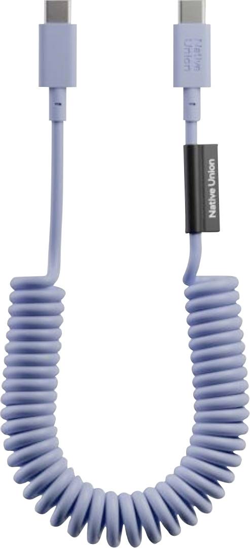 Světle modrý stočený kabel USB s konektory USB-C, jeden konec označen "Native Union".
