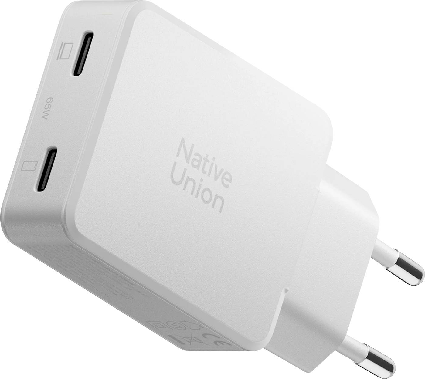 Bílá nabíječka Native Union s dvěma porty USB-C a evropskou vidlicí.