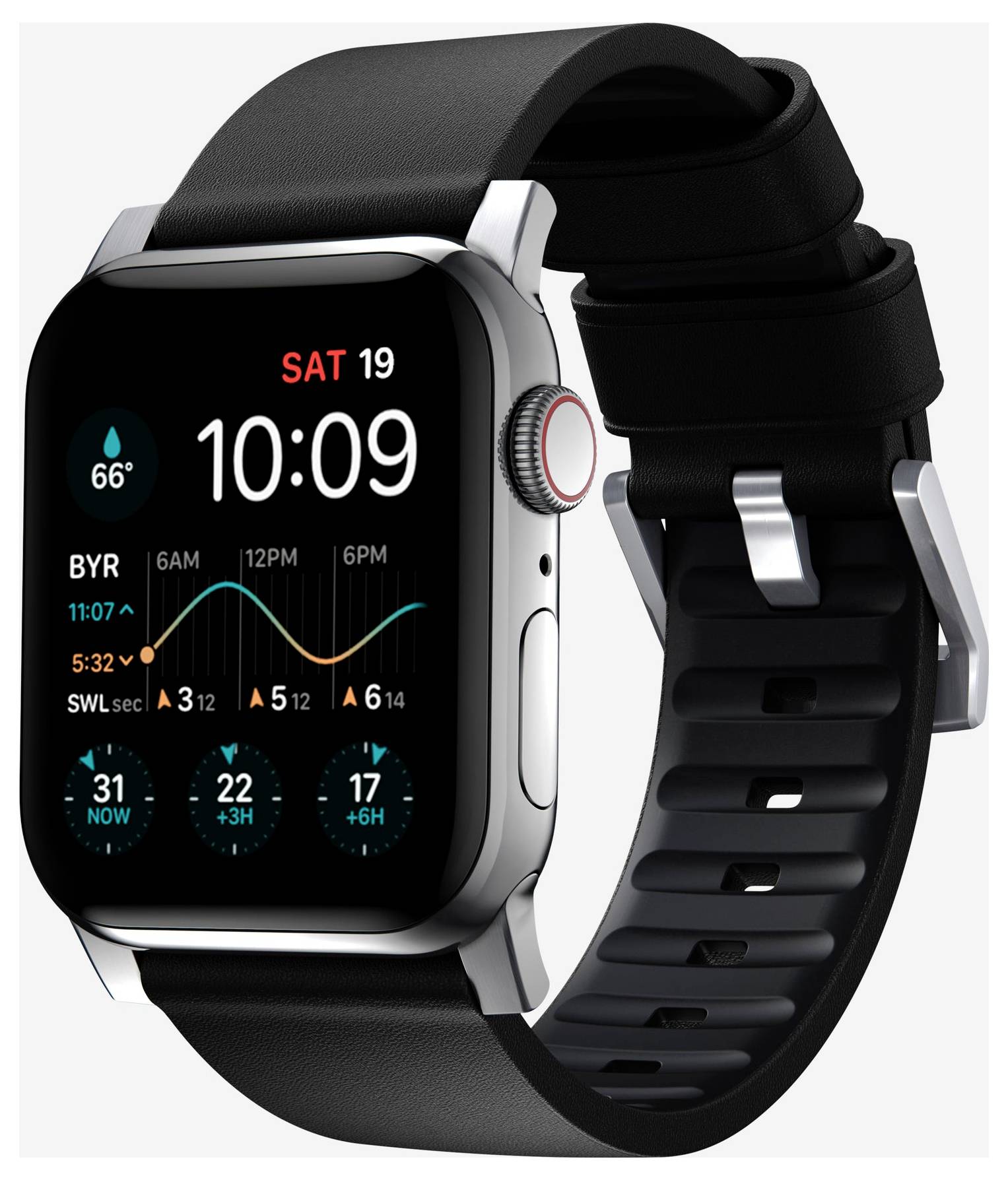 Černé Apple Watch se stříbrným pouzdrem a černým sportovním páskem, zobrazující digitální ciferník s časem 10:09, datem SO 19, počasím a statistikami aktivit.