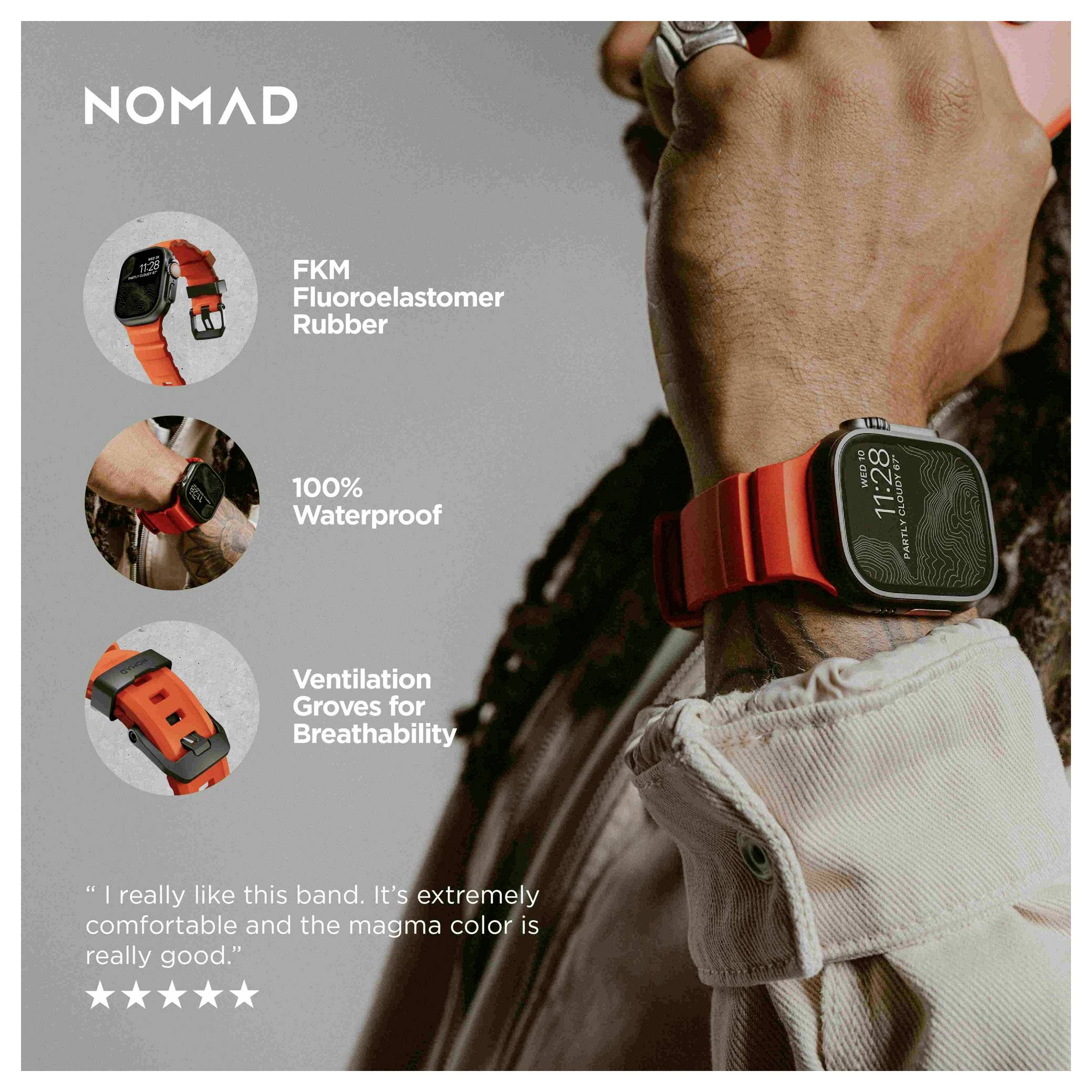 Propagační obrázek osoby nosící červeno-oranžový pásek chytrých hodinek značky NOMAD, zdůrazňující guminu z fluoroelastomeru FKM, 100% voděodolnost a větrané drážky pro lepší prodyšnost.