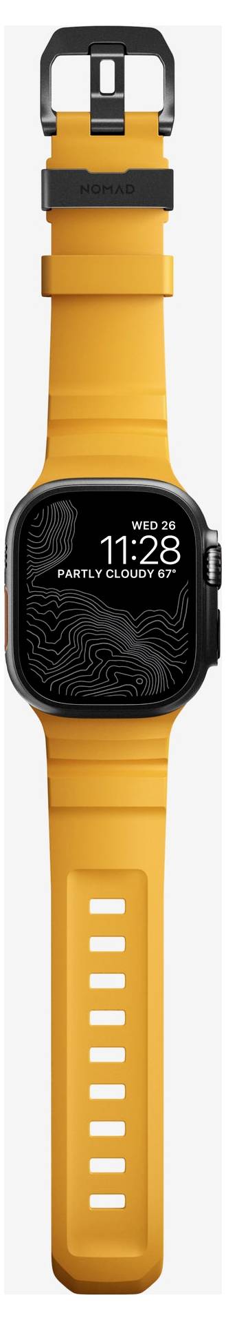 Oranžové chytré hodinky s černým ciferníkem a páskem, na displeji zobrazují "WED 22:28" a "PARTLY CLOUDY".