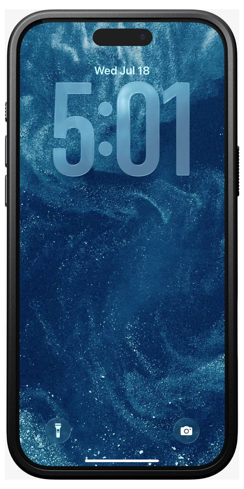 Zamykací obrazovka smartphonu zobrazuje "Středa 18. července" a čas "5:01" přes modrý abstraktní tapeát připomínající oceán se symboly svítilny a fotoaparátu v dolní části.
