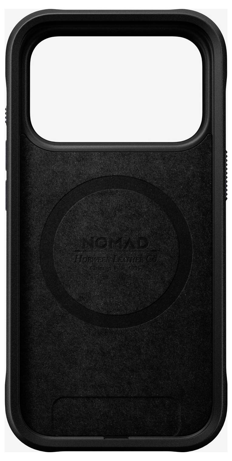 Pouzdro na telefon Black Nomad s velkým obdélníkovým výřezem pro fotoaparát a kroužkem podobným MagSafe na zadní straně.