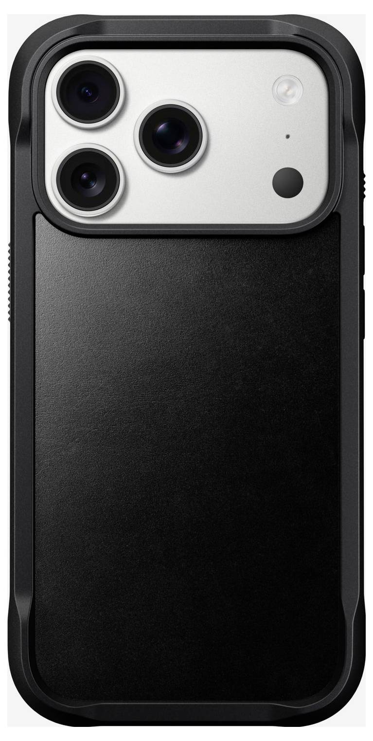 Černé ochranné pouzdro na smartphone zobrazené zezadu s vyvýšeným výřezem pro trojitý fotoaparát telefonu a blesk