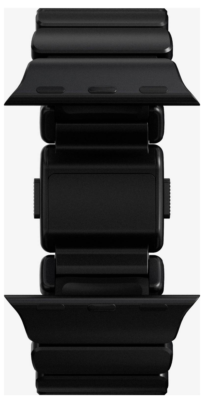 Černé chytré hodinky se štíhlým obdélníkovým ciferníkem a odpovídajícím černým páskem, zobrazené z přední strany na bílém pozadí.