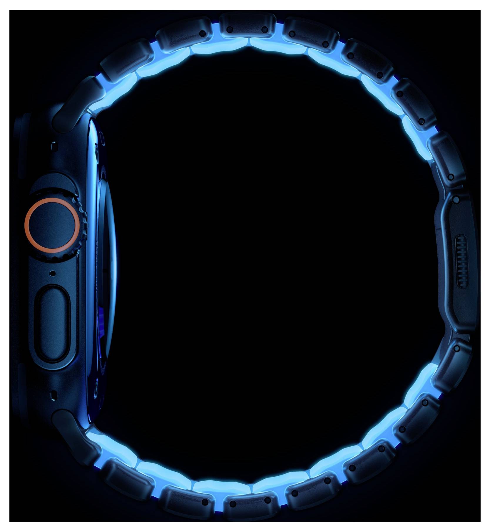 Zářivý modrý futuristický rám chytrých hodinek se černým prázdným středem na tmavém pozadí.