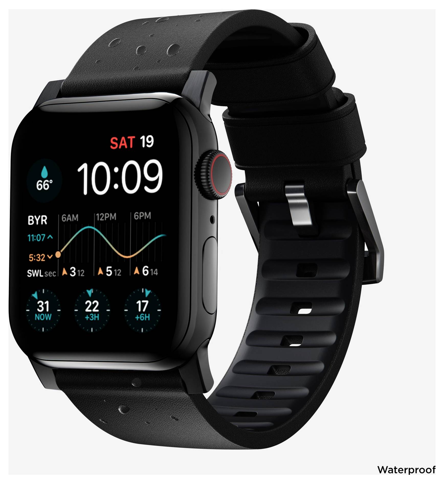 Černé chytré hodinky se stále aktivním displejem zobrazujícím 10:09, počasí a grafy fitness; v rohu se objevuje text odolný vůči vodě.