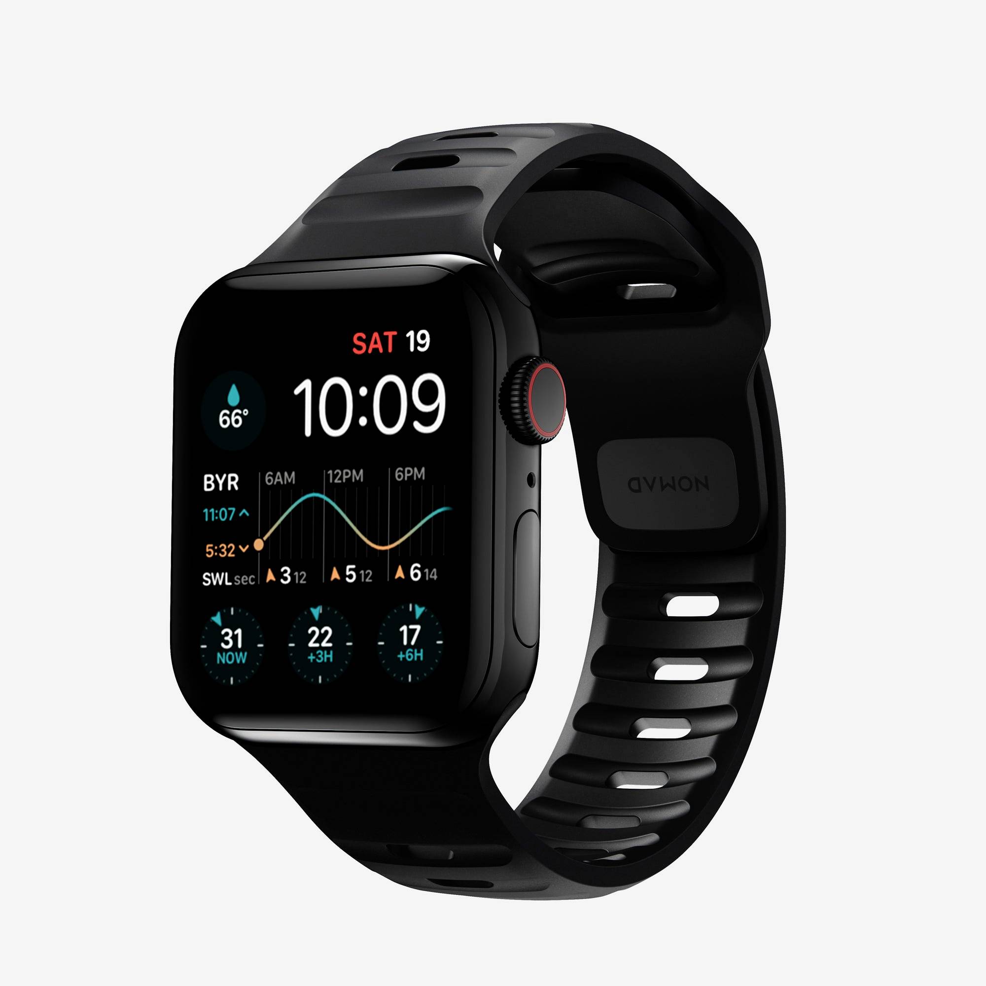 Černé Apple Watch se sportovním páskem zobrazující počasí a aktivitní ciferník, včetně času 10:09 a soboty 19.
