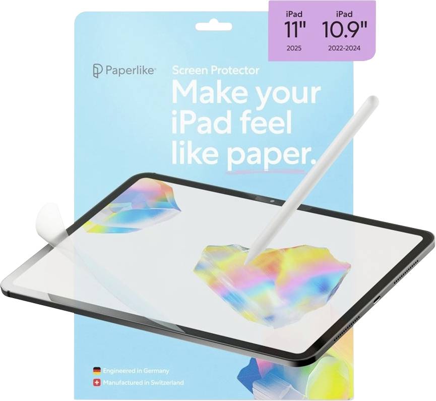 Ochranná fólie Paperlike na iPad, zobrazena na iPadu se stylusem, s textem „Vaš iPad bude připadat jako papír."