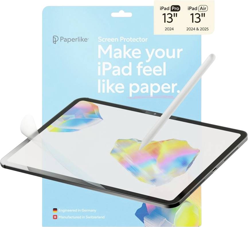 Produktová reklama na ochranné sklo Paperlike, zobrazující iPad s Apple Pencil a text „Udělejte svůj iPad cítit se jako papír."