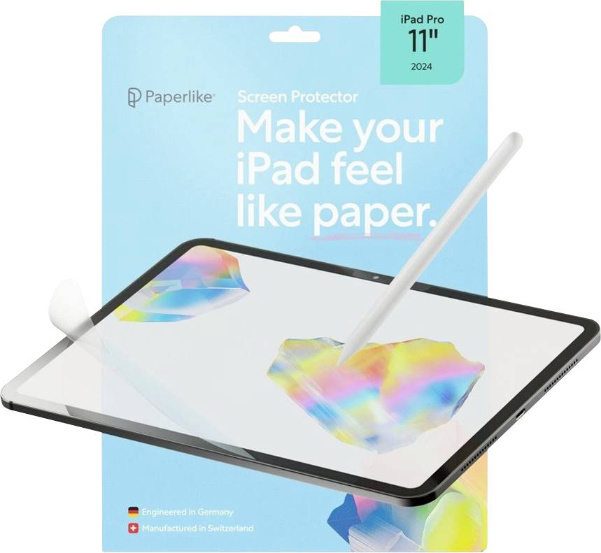 Balíček ochranného skla Paperlike pro iPad Pro 11 palců (2024) s sloganem „Udělej ze svého iPadu papír" a obrázkem tužky Apple Pencil píšící na iPadu.