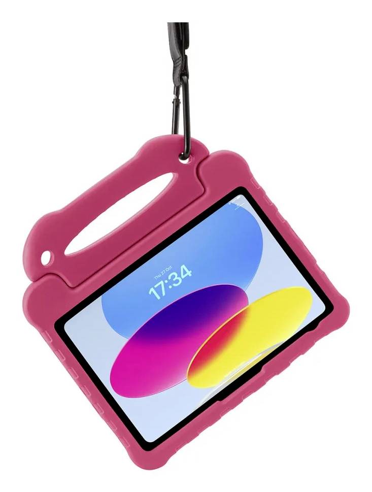 Růžové pouzdro na tablet velikosti pro děti se rukojetí a popruhem, zobrazující obrazovku tabletu s barevnými abstraktními tvary a časem 17:34.