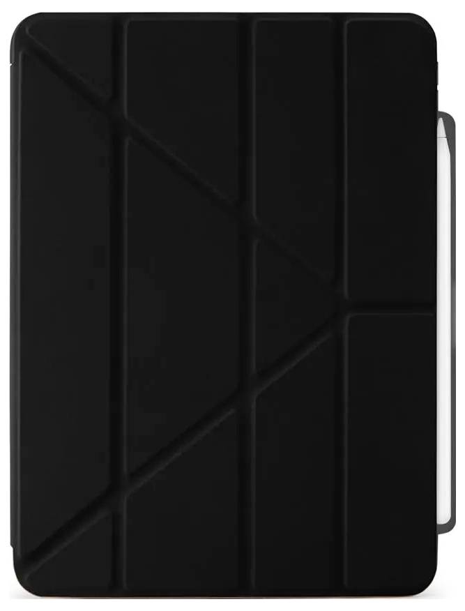 Černý pouzdro na tablet s trojdílnou přední částí a bočním držákem na stylus, zobrazeno zavřené na bílém pozadí.