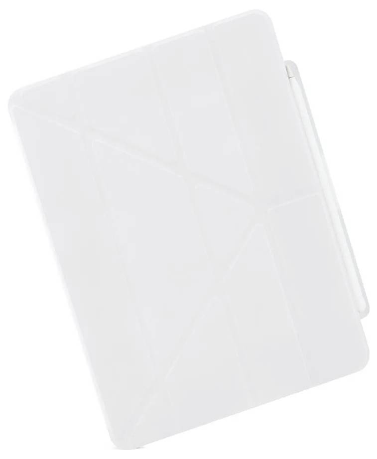 Bílý průsvitný kryt na tablet s průhledným zádím a krytem bočního tlačítka, zobrazený na jednoduché bílé pozadí.