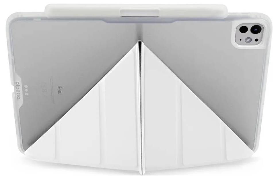 Zadní pohled na stříbrný iPad v čirém skládacím ochranném pouzdru, přičemž trojdílné pouzdro je otevřeno do tvaru stojanu.