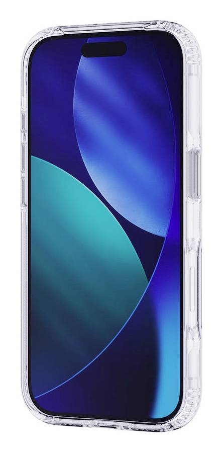 Smartphone s čirým ochranným obalem, zobrazený zepředu na bílém pozadí.