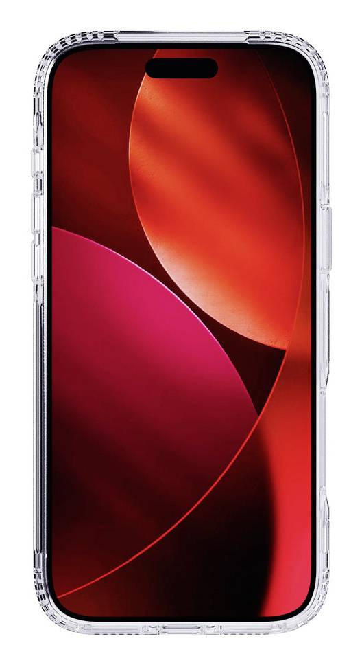 Přední pohled na chytrý telefon v čirém ochranném pouzdře s červeným abstraktním tapetou na displeji.