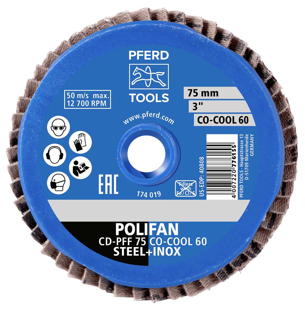 Modrý PFERD brusný lamelový kotouč s nálepou produktu zobrazující 75 mm, 3 palce, CO-COOL 60, limit rychlosti 50 m/s max 12 700 otáček za minutu, s bezpečnostními ikony a čárovým kódem.