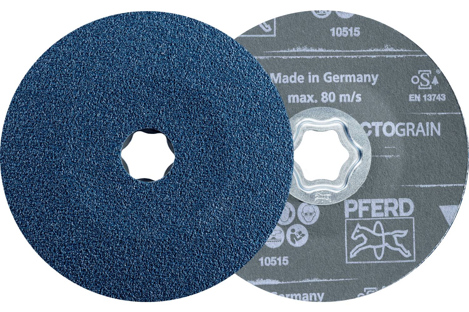 Dva překrývající se kruhové brusné disky: modrý strukturovaný disk v přední části a šedý PFERD disk v zadní části s označením produktu a "Made in Germany".
