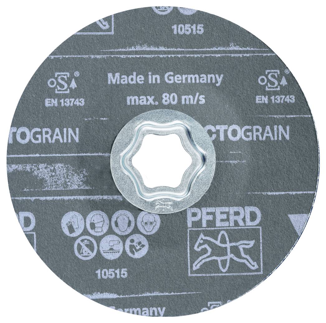 Detailní pohled na abrazivní řezný kotouč s otvorem kovového přírubového pouzdra, označený "Made in Germany" a "max. 80 m/s", značka "PFERD".