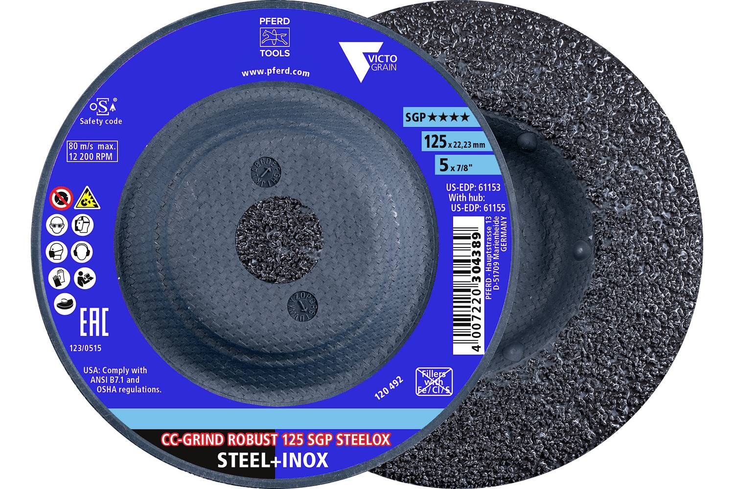 Brusný kotouč se modrým štítkem a centrálním otvorem, zobrazený na strukturovaném černém podkladu, označený "CC-GRIND ROBUST 125 SGP STEELOX" a "STEEL+INOX".