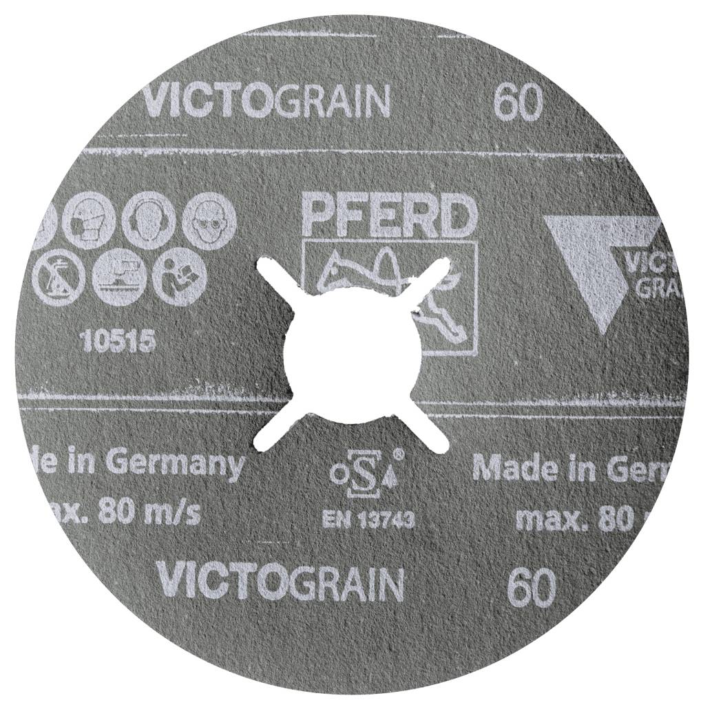 Detailní snímek brusného řezacího kotouče VICTOGRAIN s centrálním upevňovacím otvorem, označený značkou "PFERD", číslem "60" a "Made in Germany".