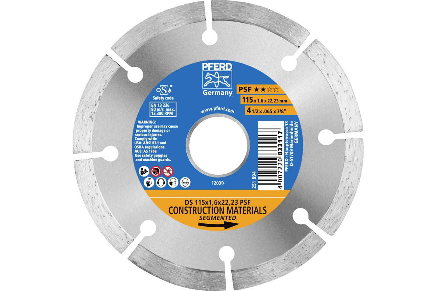 PFERD TOOLS 68300044 DS 115x1,6x22,23 START diamantový řezný kotouč Průměr 115 mm Ø otvoru 22.23 mm cihla, Železobeton, -0