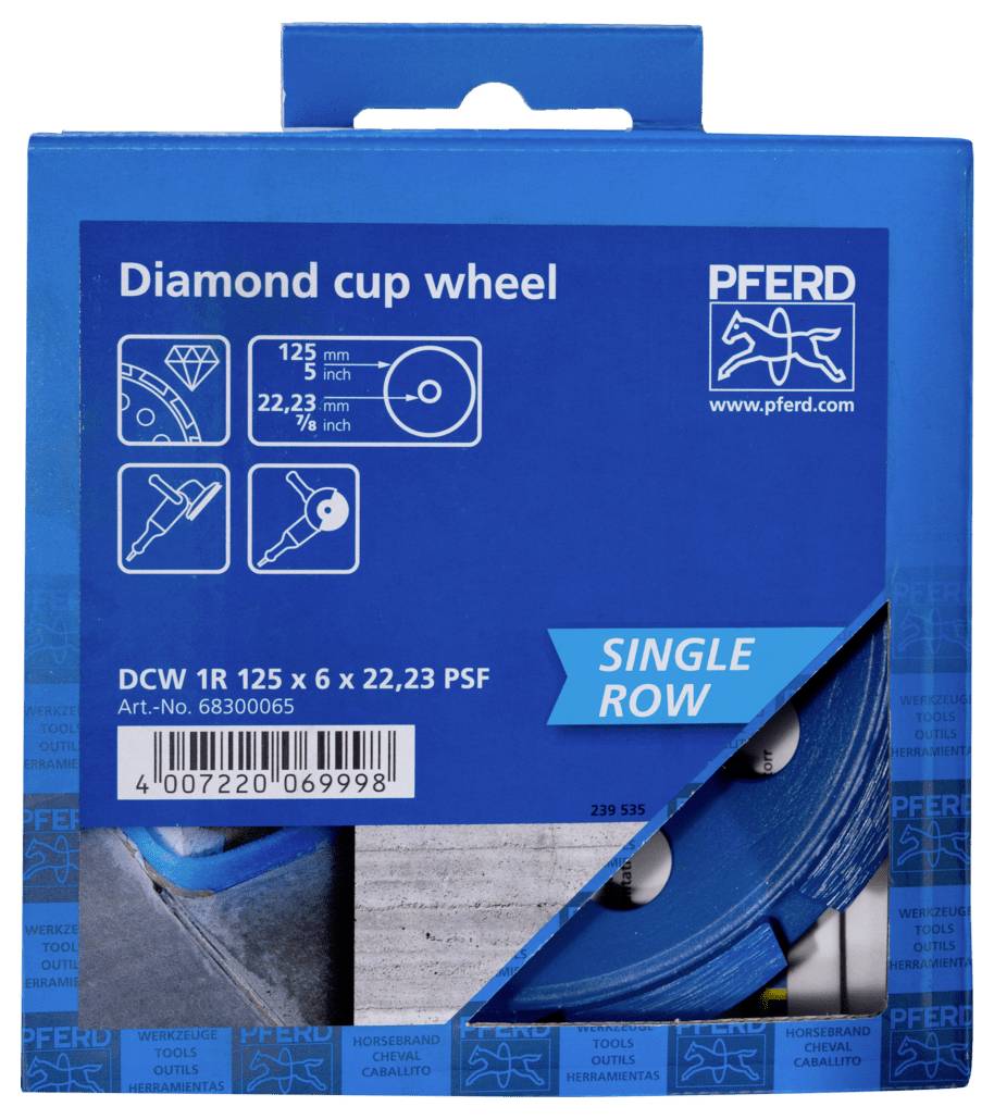 Modrý balíček PFERD pro diamantové kotouče tvaru poháru, označený 'Diamantový pohárový kotouč', 'JEDNOŘADÝ' a 'DCW 1R 125 x 6 x 22,23 PSF', se čárovým kódem a obrázkem produktu.