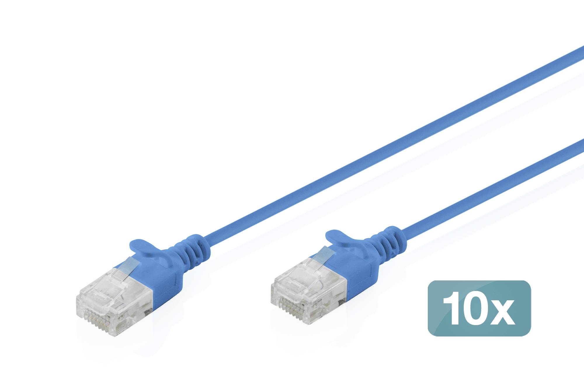 Dva modré síťové kabely Ethernet s konektory RJ45, označené „10x" pro označení balení deseti kusů.