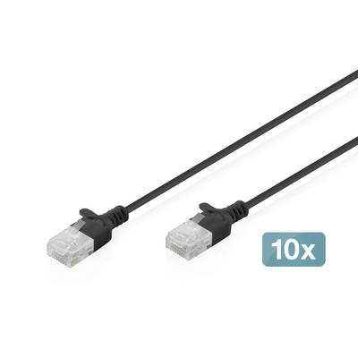 Dva černé ethernetové kabely s čirými konektory RJ45, označené „10x" na tyrkysovém štítku.