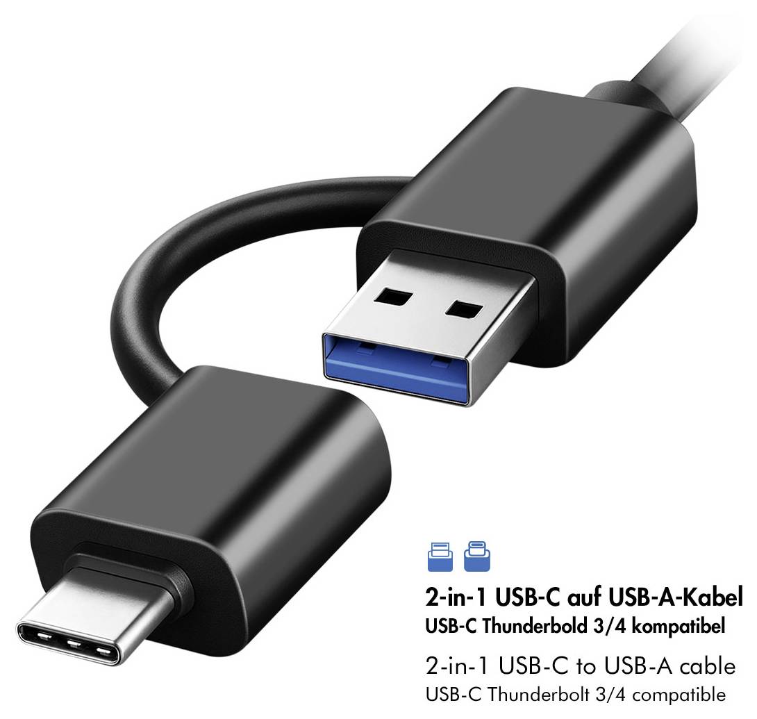 Produktový obrázek kabelu 2-v-1 USB-C na USB-A, označeného „USB-C Thunderbolt 3/4 kompatibilní" a „Kabel 2-v-1 USB-C na USB-A".