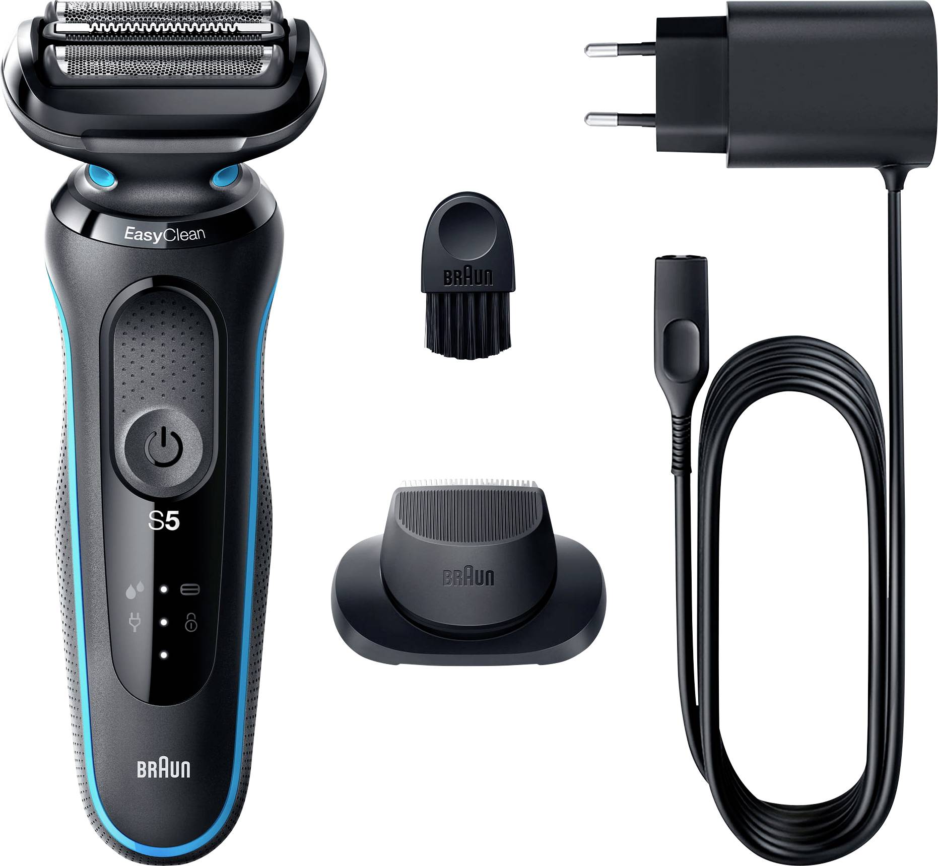Elektrický holící strojek Braun Series 5 s adaptérem, čisticím kartáčem a stojanem na nabíjení zobrazený na bílém pozadí.