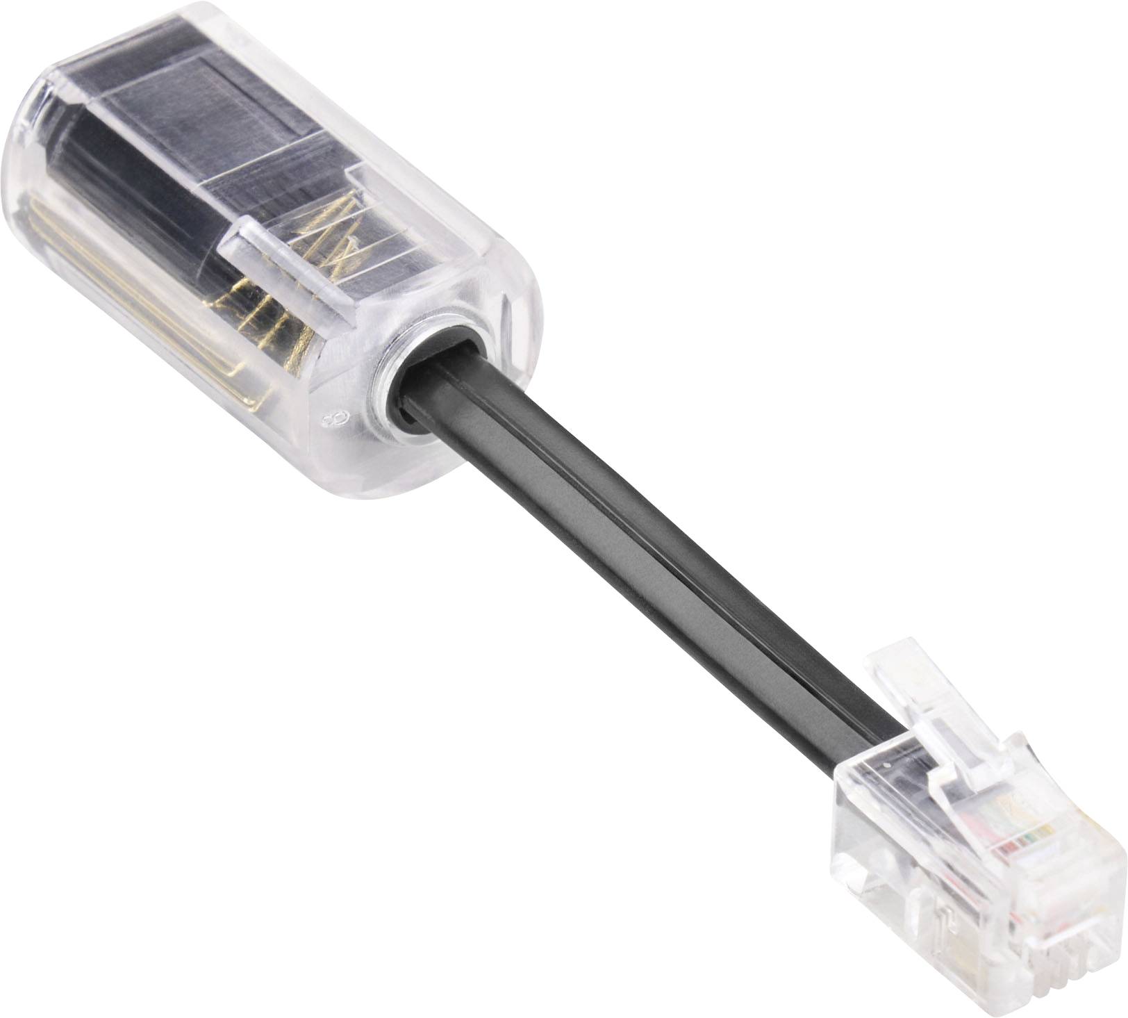 Transparentní konektor RJ45 na ethernetový kabel s krátkým černým kabelem a vystavenými vnitřními vodiči.