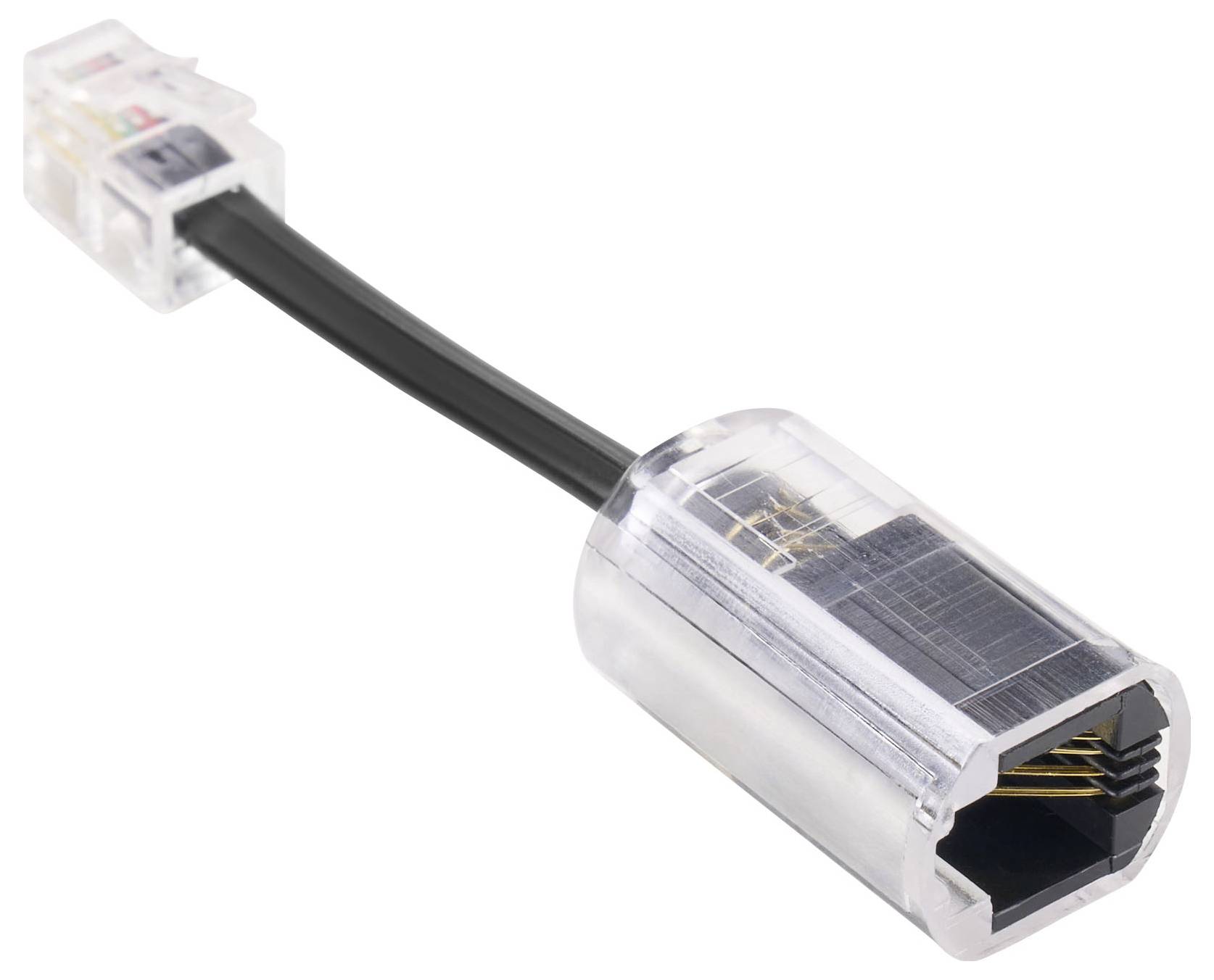 Černý ethernetový kabel s průhlednými konektory RJ45 na obou koncích