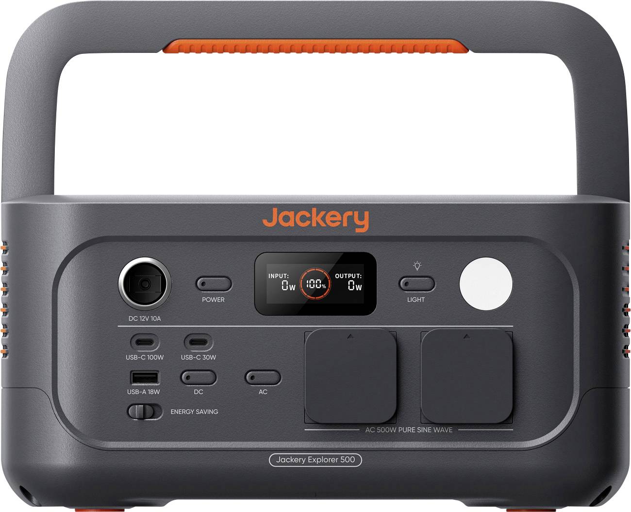 Přední pohled na přenosnou elektrárnu Jackery Explorer 500 s rukojetí, displejem, zásuvkami AC, porty USB, tlačítkem napájení a tlačítkem světla.