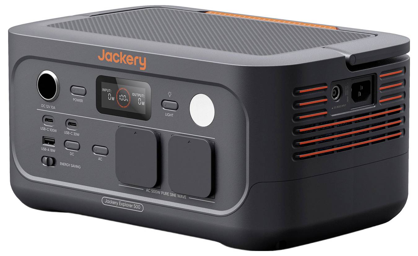 Přenosná elektrostannice Jackery s předním displejem, AC a USB porty, tlačítkem napájení a větraným bočním panelem.