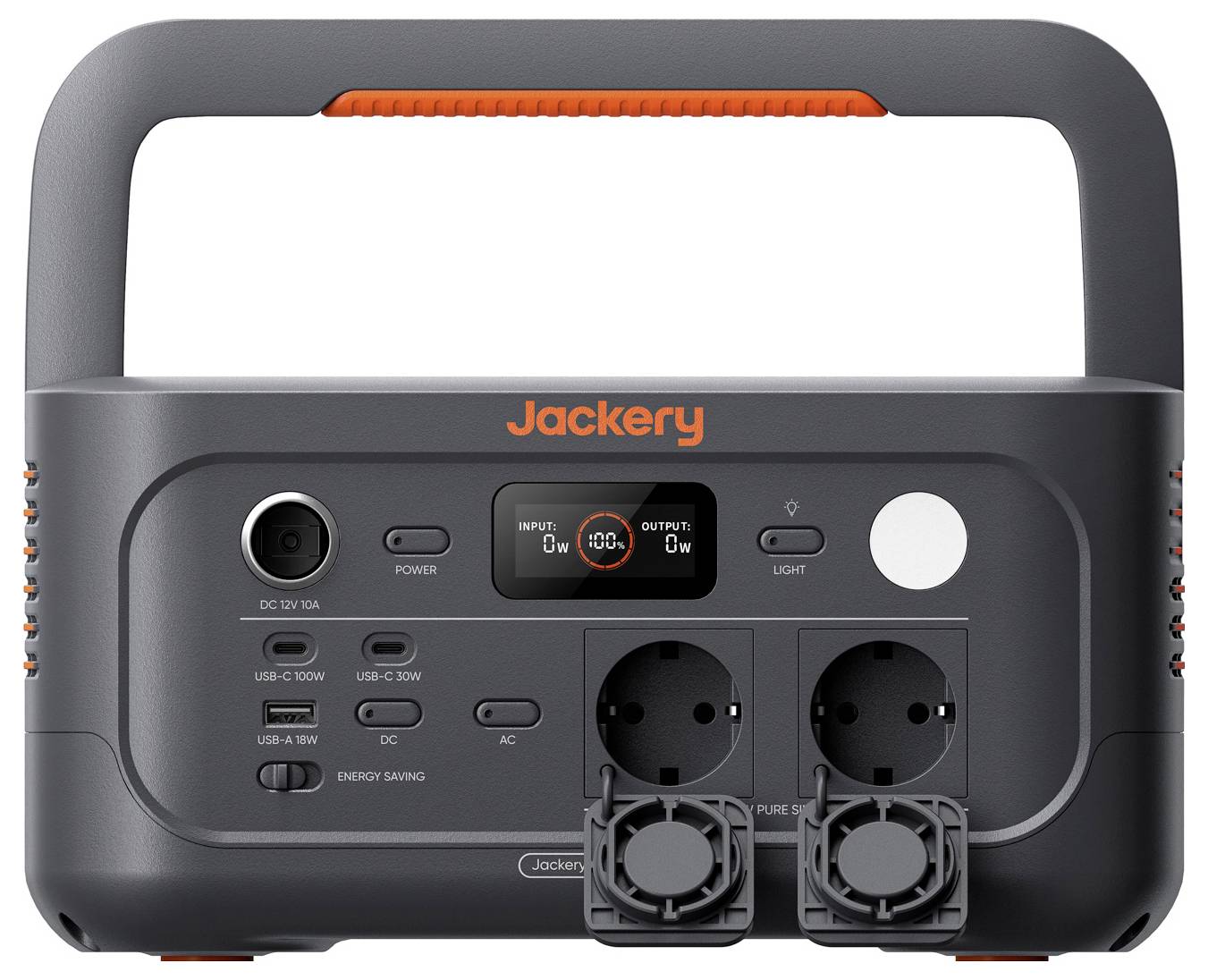 Přední pohled na přenosnou elektrárnu Jackery s rukojetí, displejem, více zásuvkami AC/USB a dvěma chladicími ventilátory ve spodní části.