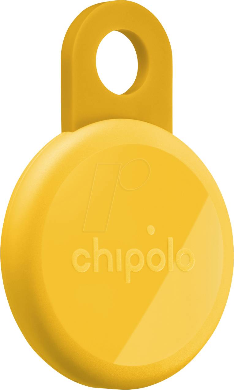 Žlutá Chipolo Bluetooth sledovací přívěsek na klíče se smyčkou na vrcholu a vyvýšeným logem, zobrazený na bílém pozadí.