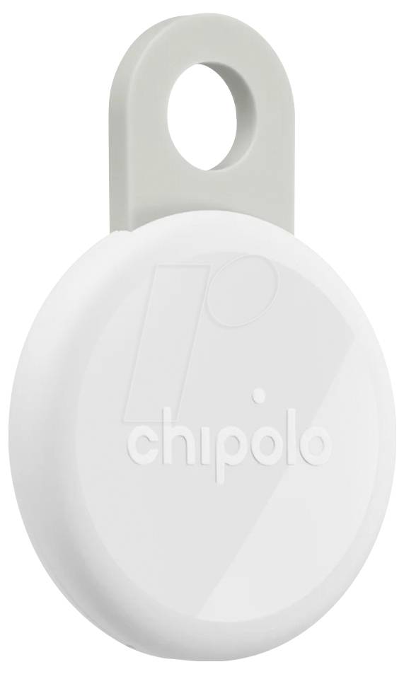 Bílý Bluetooth tracker Chipolo se smyčkou pro připevnění na klíče, zobrazený na prostém pozadí.