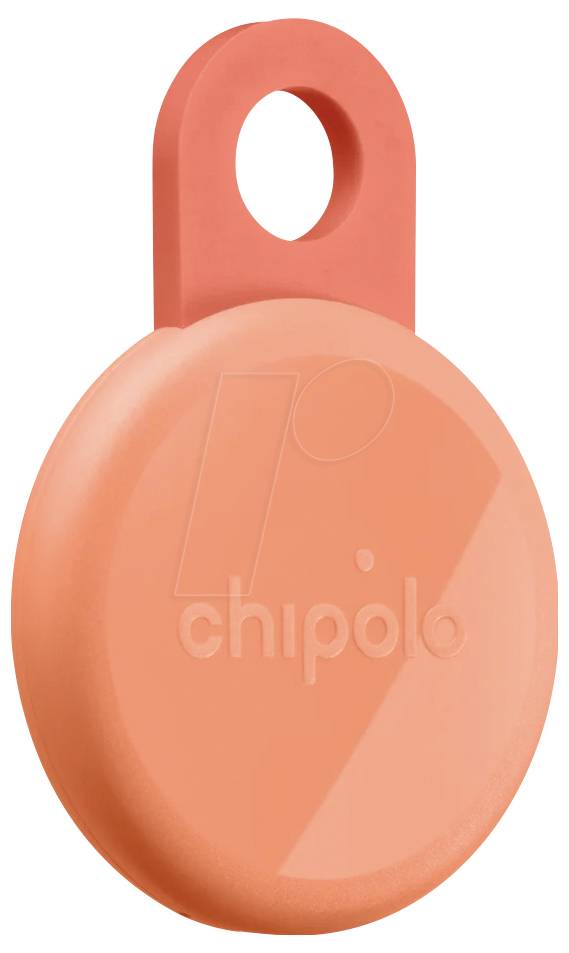 Oranžový Chipolo Bluetooth tracker se smyčkou na zavěšení, zobrazený z přední strany na bílém pozadí.