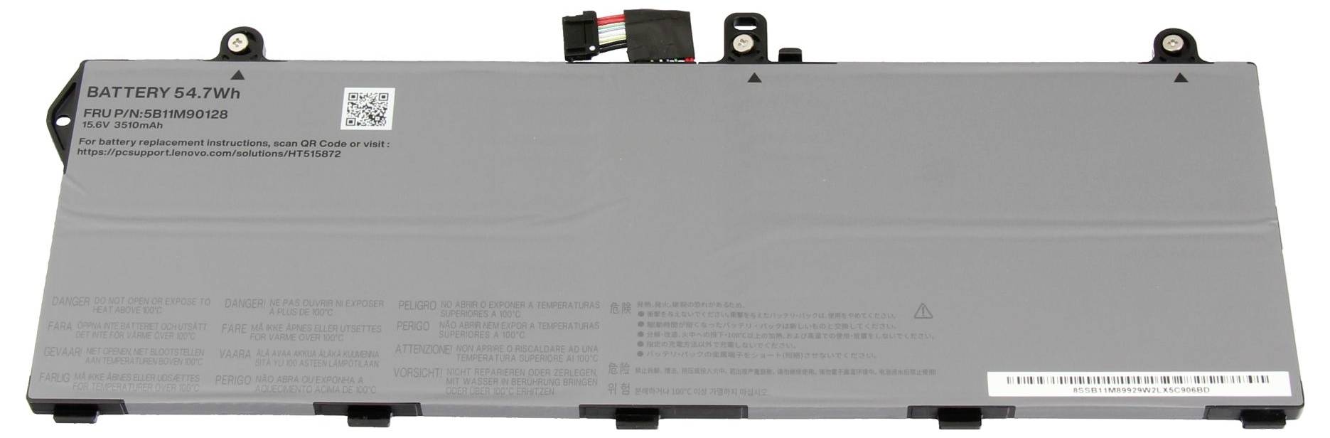 Tenký stříbrný notebook s baterií označenou "BATTERY 54.7Wh" s konektory a QR/čárovými kódy na bílém pozadí