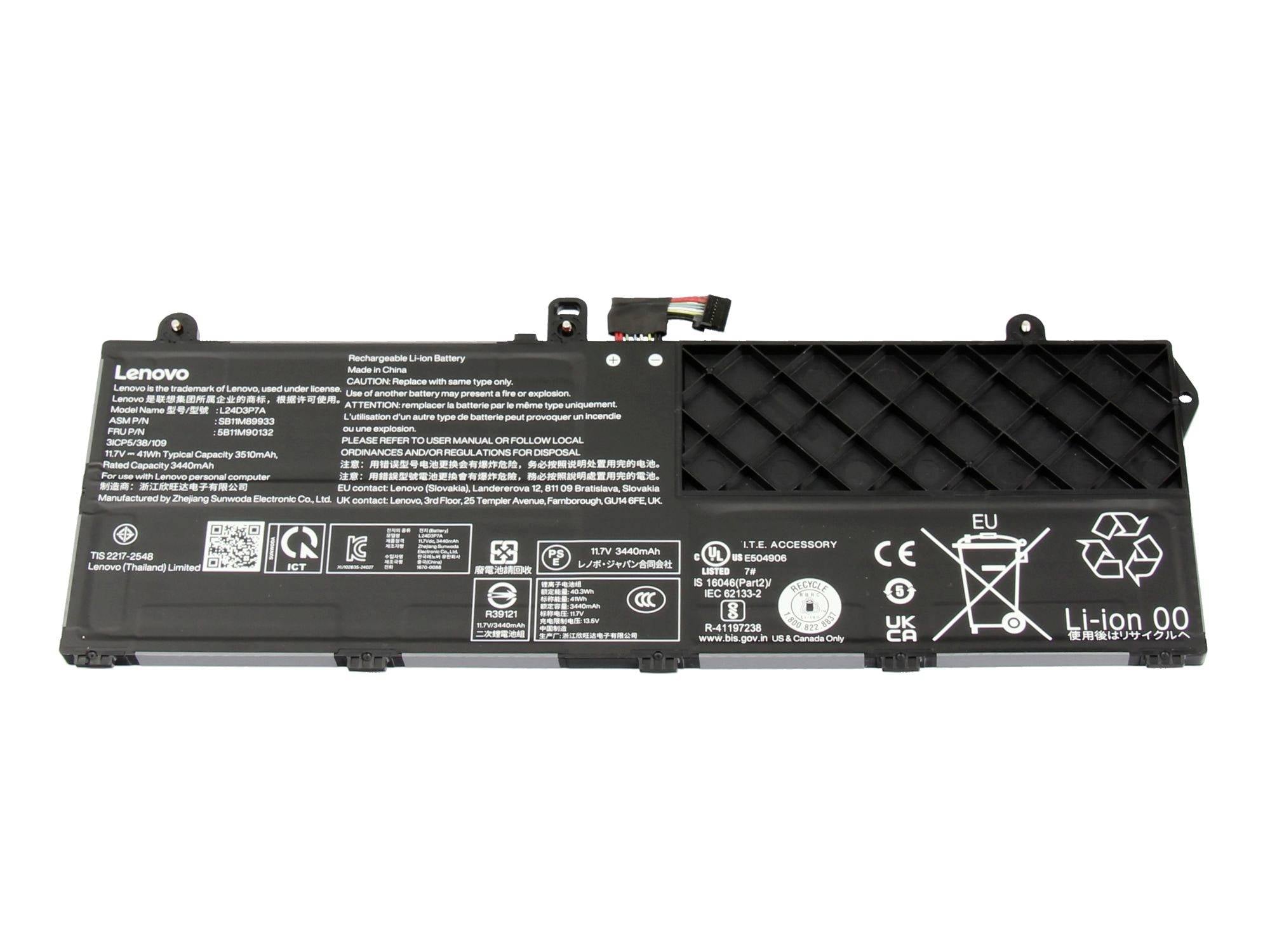 Lenovo notebook baterie z lithium-iontů s konektorem a vytištěnými bezpečnostními štítky na bílém pozadí.