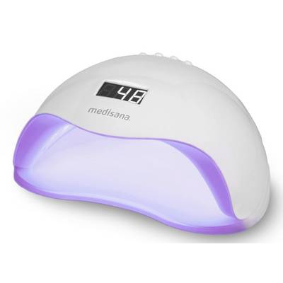 Bílá UV lampa na nehty Medisana s fialkovým zářením a digitálním displejem časovače zobrazujícím 48 na bílém pozadí.