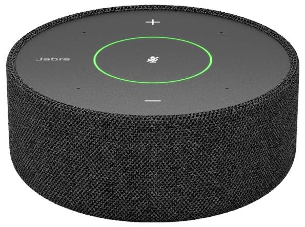 Černý konferenční reproduktor Jabra s centrálním tlačítkem ztlumení v kruhu a ovládáním hlasitosti nahoře.