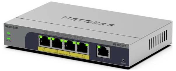 Síťový přepínač Netgear s 5 porty Ethernet, model GS105EPP, zobrazený na fotografii produktu s indikátory LED na přední straně a označenými porty.
