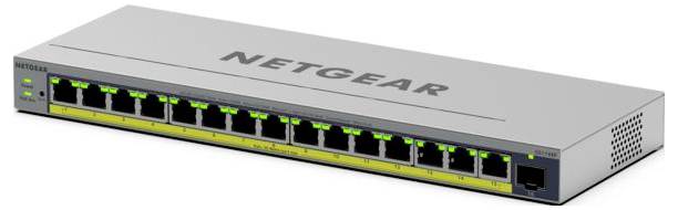 NETGEAR 16-portový ethernetový přepínač s indikačními světly na přední straně a síťovými porty RJ45 v stříbrném kovovém pouzdře.