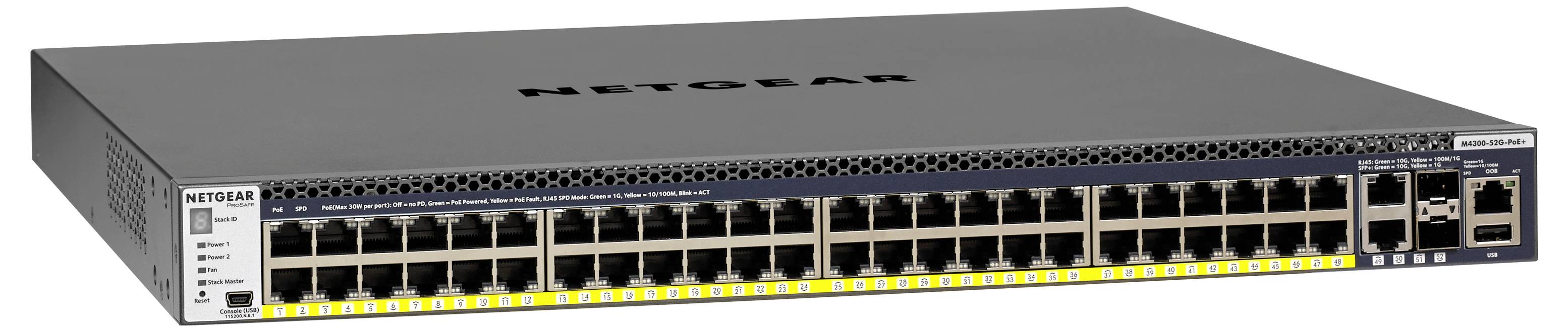 Přední pohled na síťový přepínač NETGEAR s mnoha porty Ethernet a několika porty pro propojení, který ukazuje stavová světla podél spodní části.