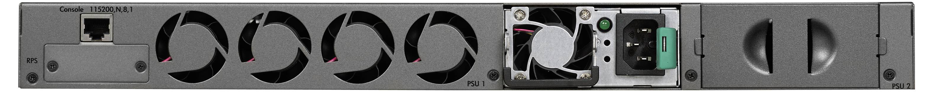Zadní pohled na server v rakovém provedení ukazující chladicí ventilátory, zdroj napájení, porty a panel síťového/napájecího připojení.